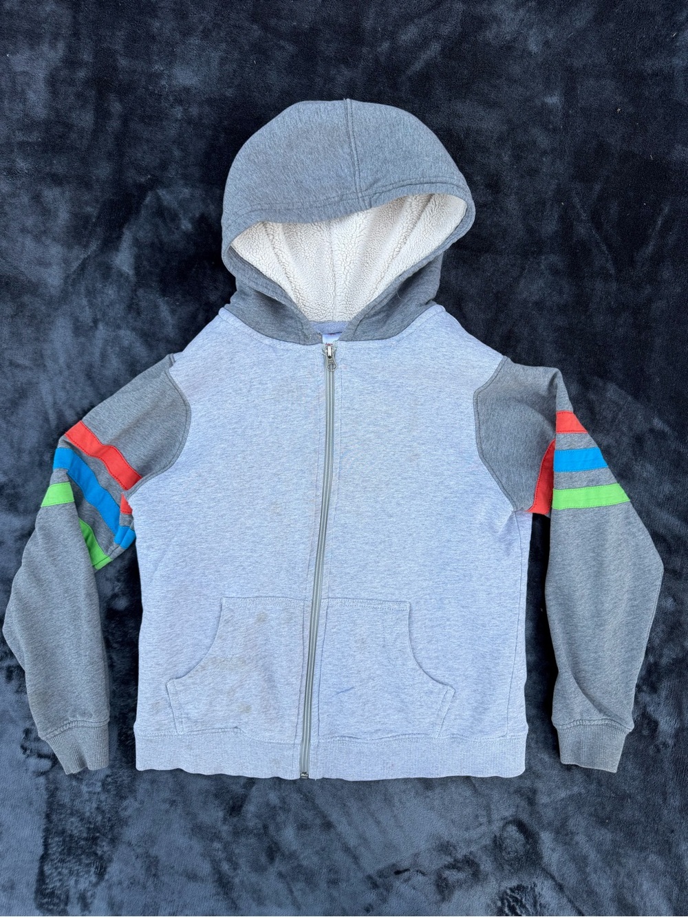 Hanna Andersson PLAY COND. Sherpa Lined Zip Hoodie Gray Rainbow Stripe 140 US 10